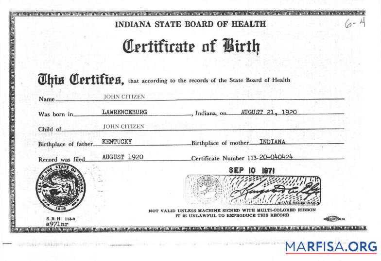 Realistic United States Indiana State board of health birth certificate real example